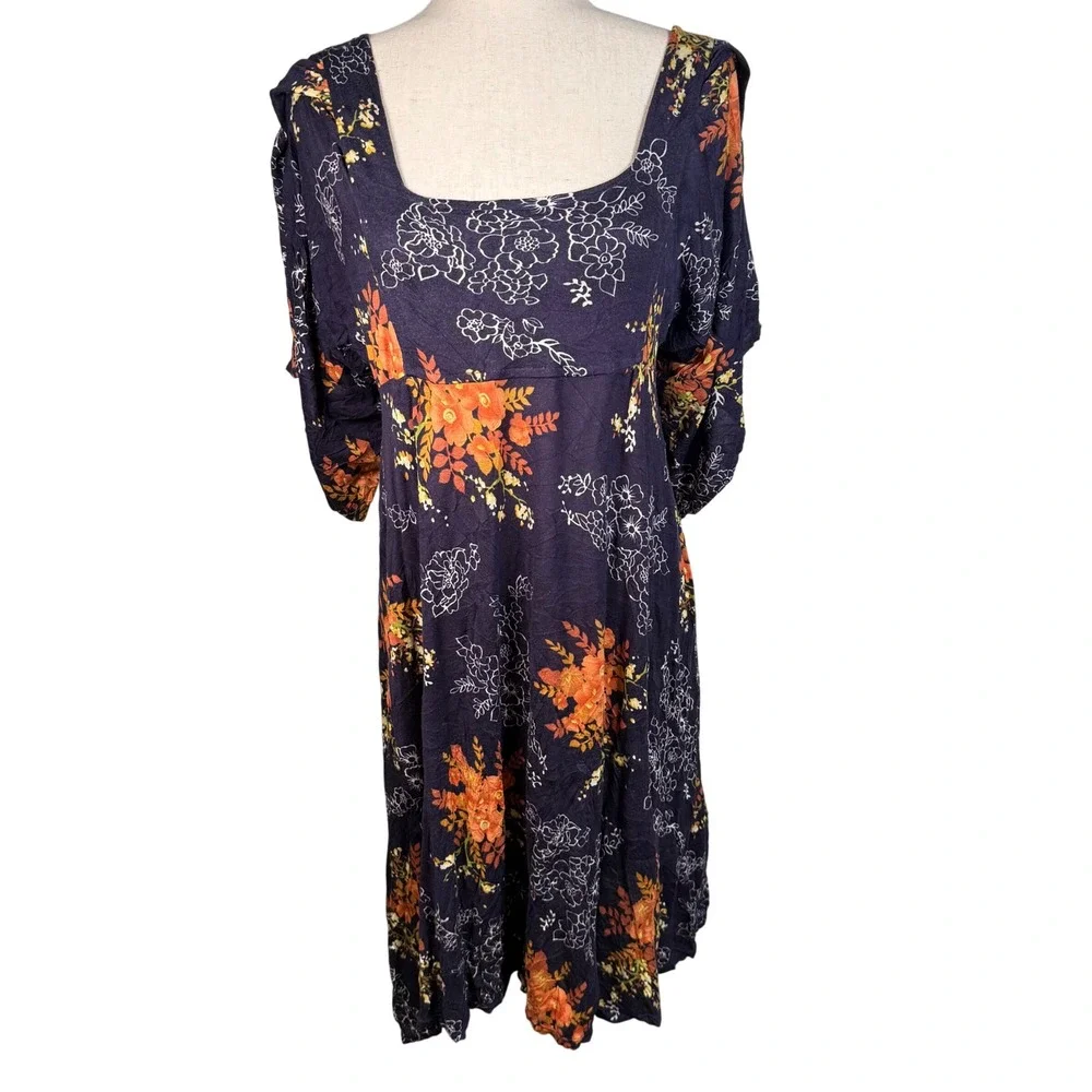 Maeve Anthropologie‎ Floral Midi Dress Womens Small Navy Blue Rayon Boho Flutter